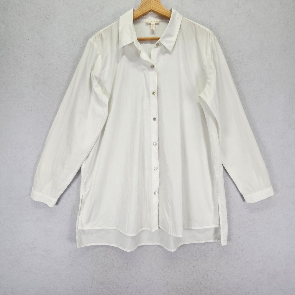 Eileen Fisher Organic Cotton Tunic Shirt Womens M White Long Sleeve Button Front